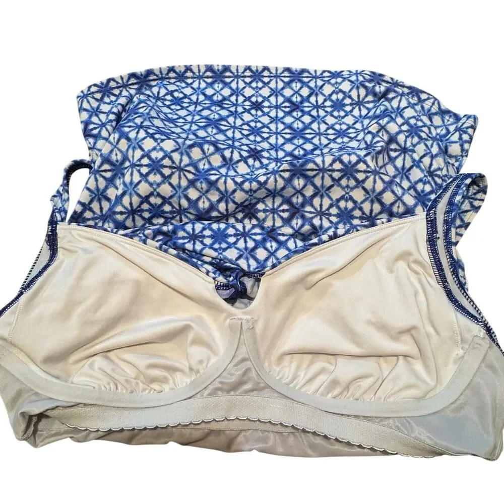 Lands End Blue White Tile Print Size 14 Adjustable Strap Tankini Top